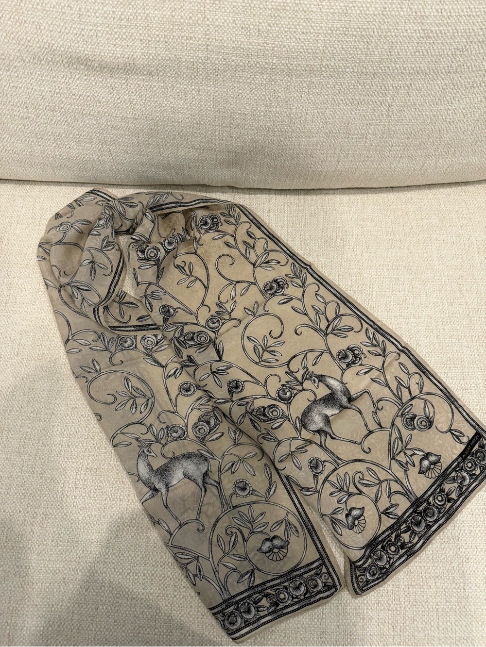 Albert Nipon Beige Scarf with Black Floral Vine and Deer Motif